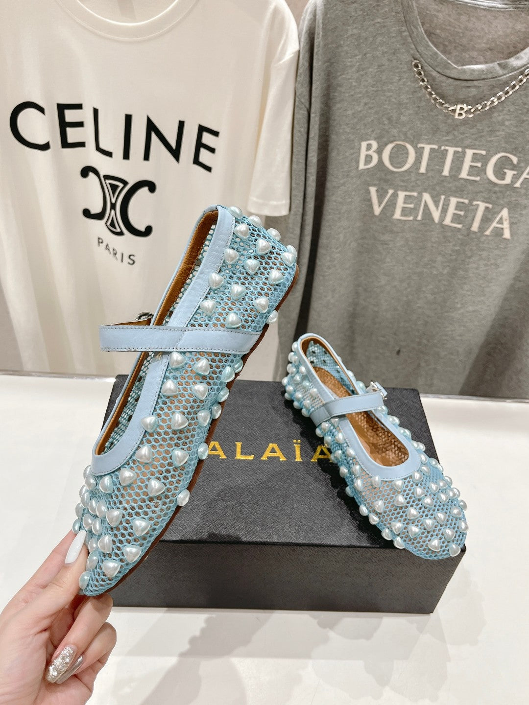 ALAIA PEARL MARY JANE SHOES IN LIGHT BLUE MESH AND CALFSKIN - 35