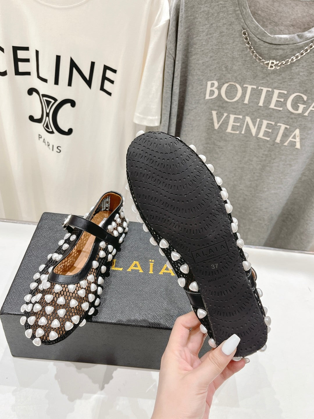 ALAIA PEARL MARY JANE SHOES IN BLACK MIX WHITE MESH AND CALFSKIN - 35