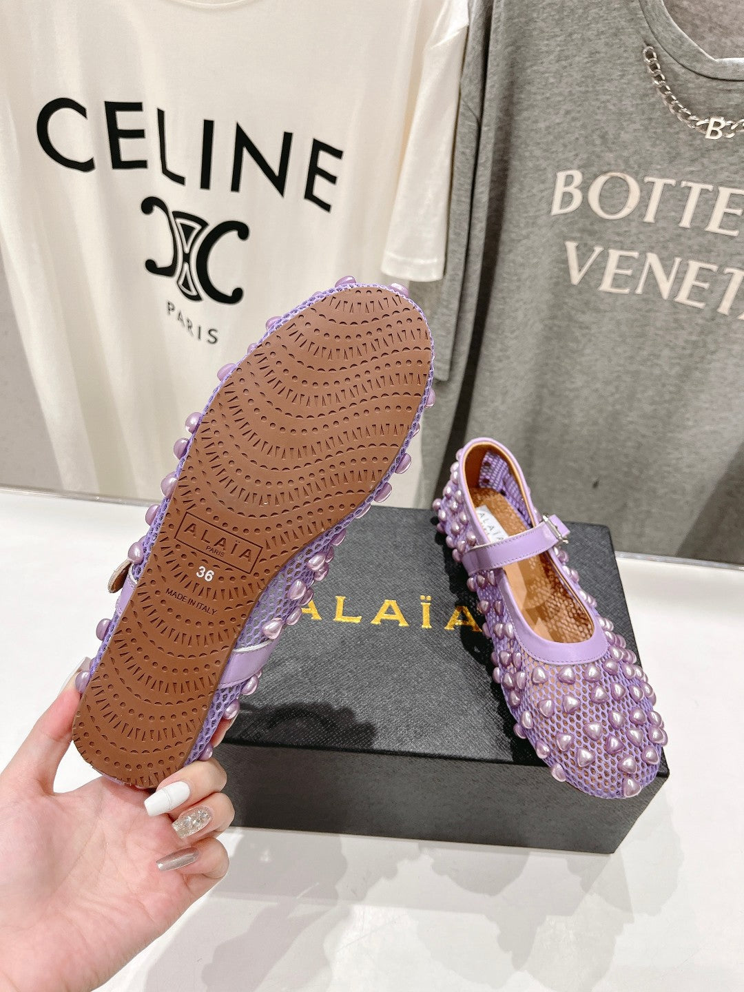 ALAIA PEARL MARY JANE SHOES IN LAVENDER PURPLE MESH AND CALFSKIN - 35