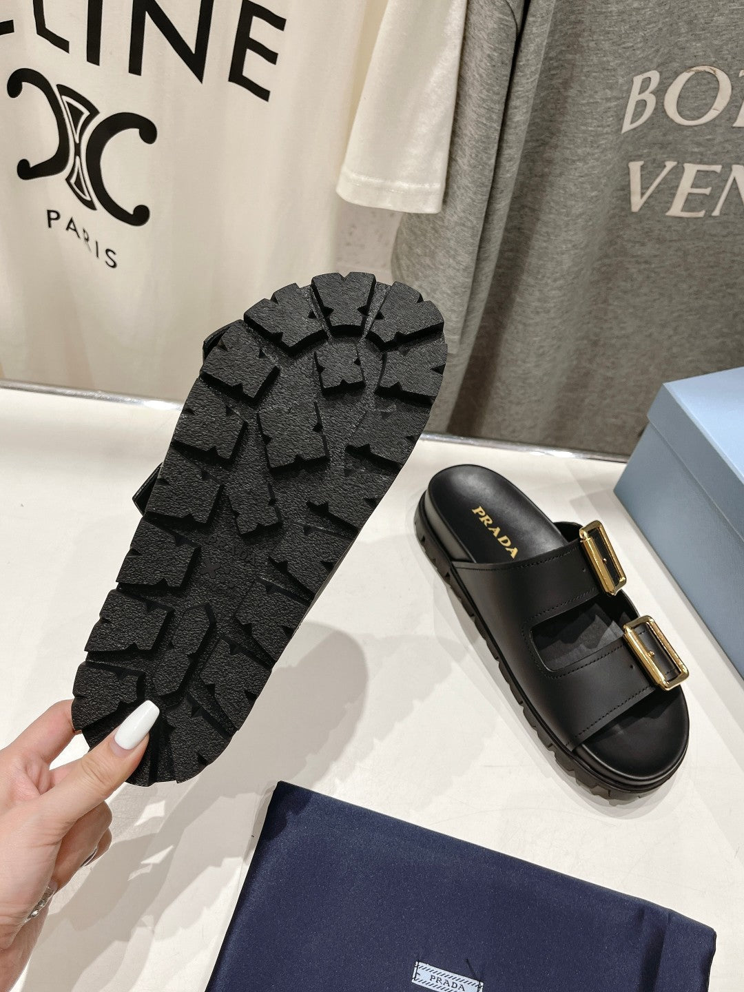 PRA STRAP SLIDES SANDALS BLACK CALFSKIN - 35