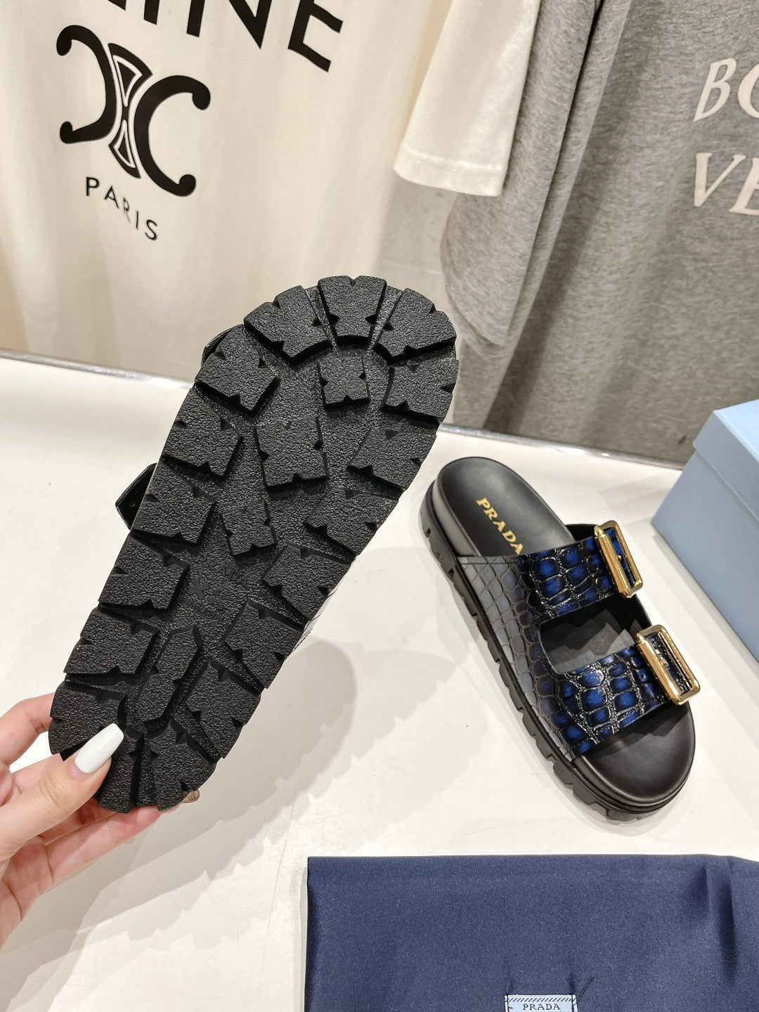 PRA CROCODILE MOTIF STRAP SLIDES SANDALS BLACK AND LAPIS CALFSKIN - 35