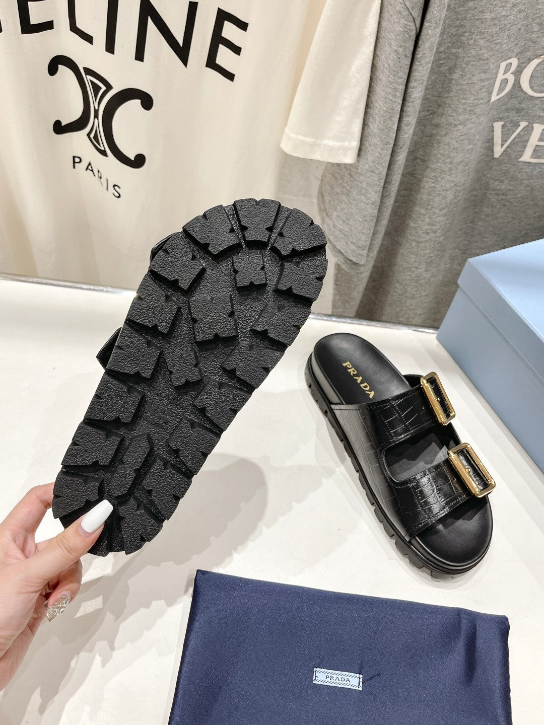 PRA CROCODILE MOTIF STRAP SLIDES SANDALS BLACK CALFSKIN - 35