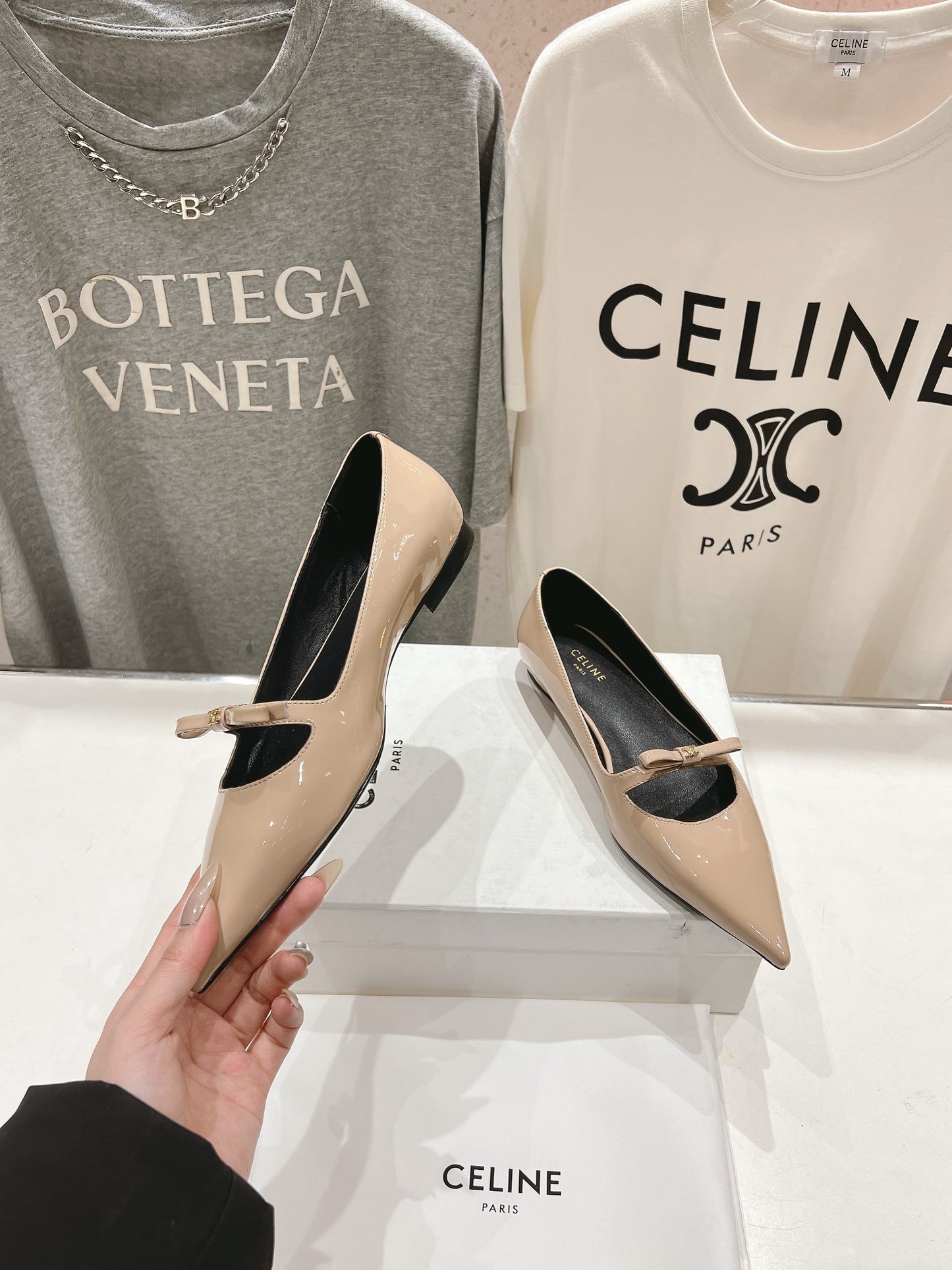 SUZY POINTY TOE BALLERINA IN TAN BEIGE PATENT CALFSKIN - 34
