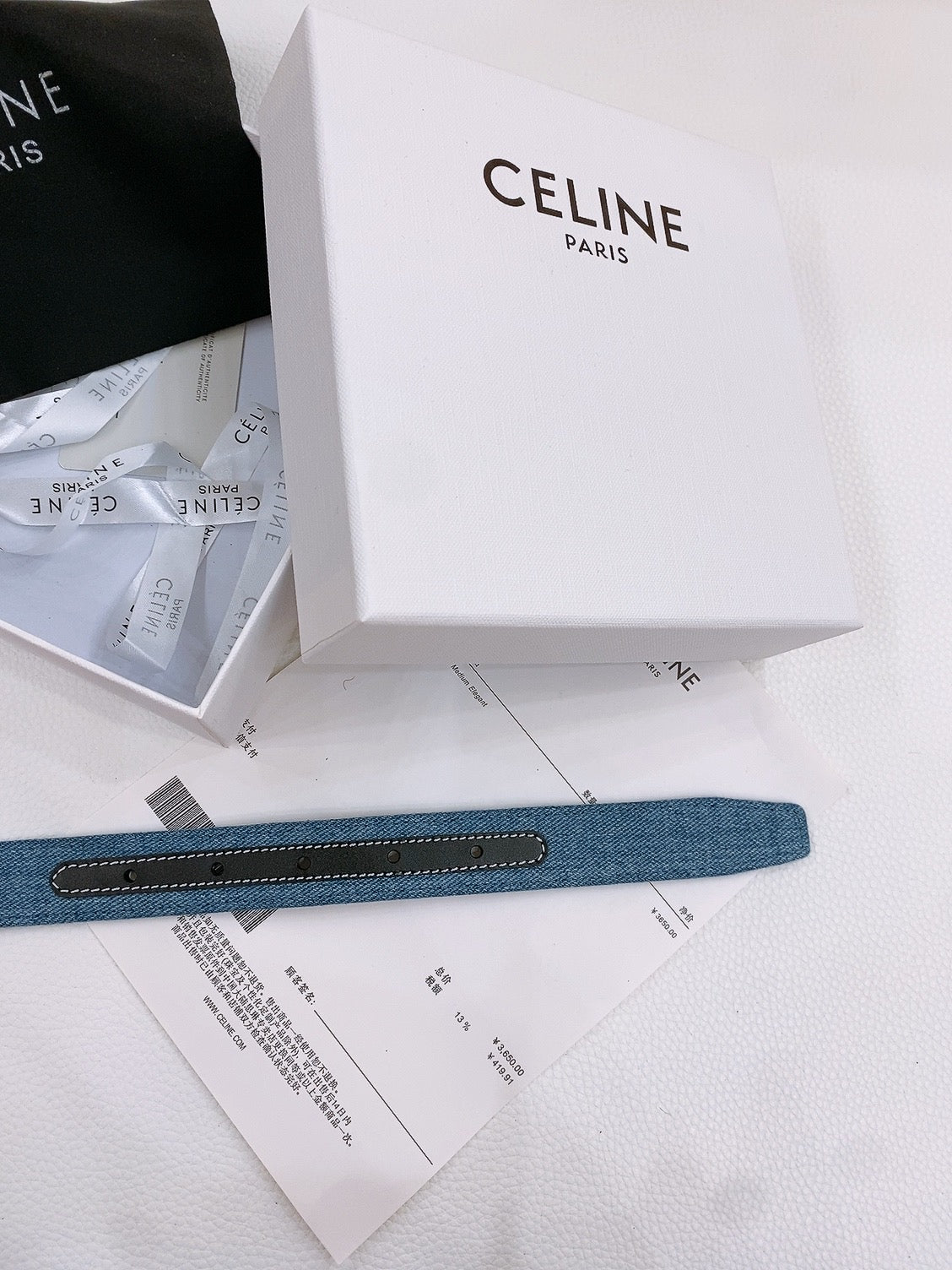 CELINE 25S BELT TRIOMPHE TAURILLON 25MM IN BLACK CALFSKIN AND DENIM 558343 - 26 - 28
