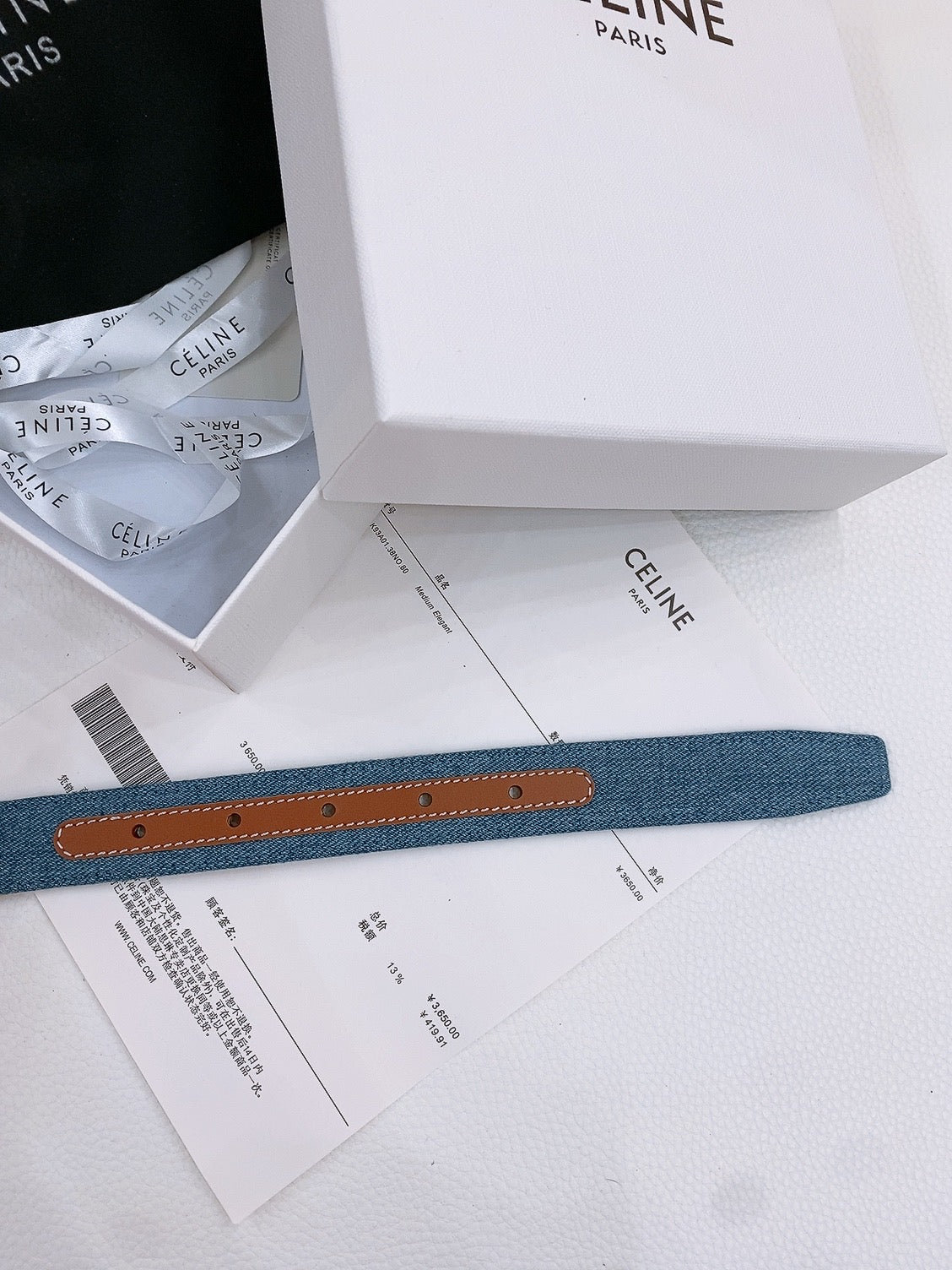 CELINE 25S BELT TRIOMPHE TAURILLON 25MM IN BROWN CALFSKIN AND DENIM 558350 - 26 - 28