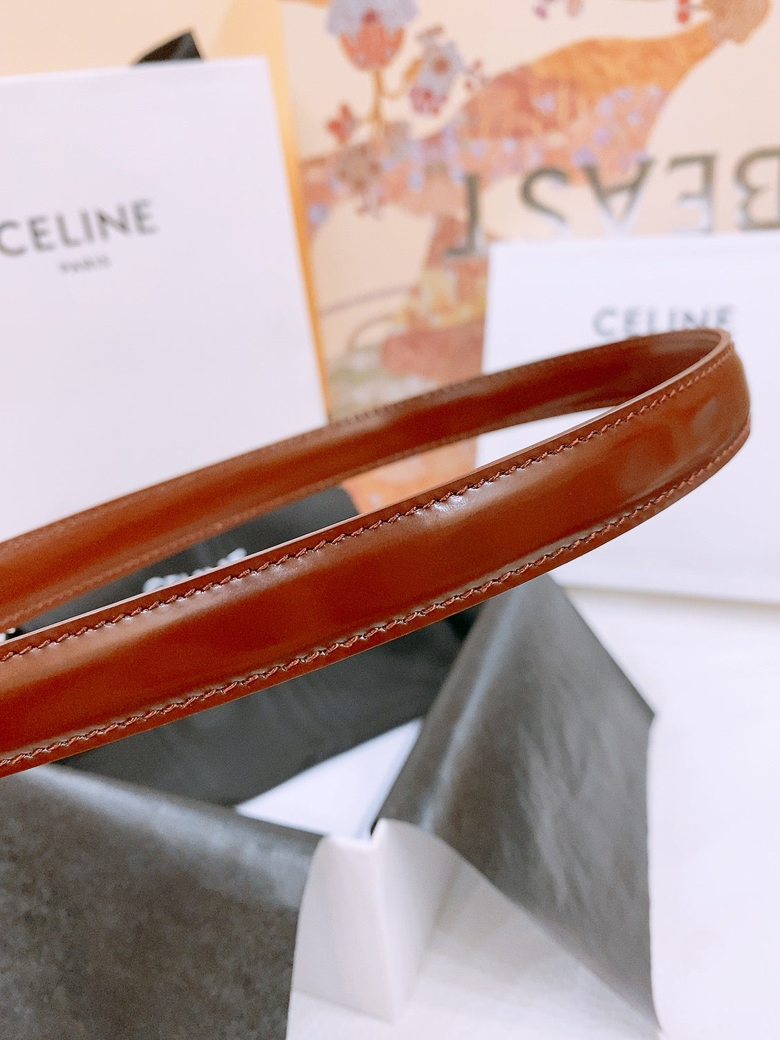 CELINE 25S BELT 18MM WITH ARC DE TRIOMPHE BUCKLE IN BURNT UMBER 571506 - 26 - 28