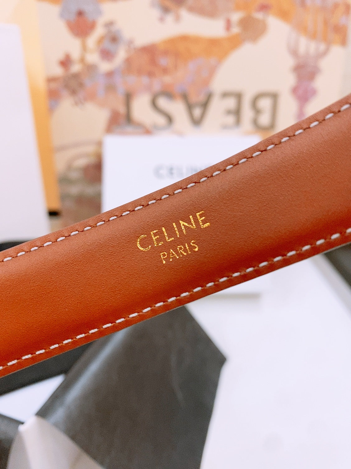 CELINE 25S TRIOMPHE BELT 25MM IN DARK CARAMEL CALFSKIN DEBOSSED LOGO 570964 - 26 - 28
