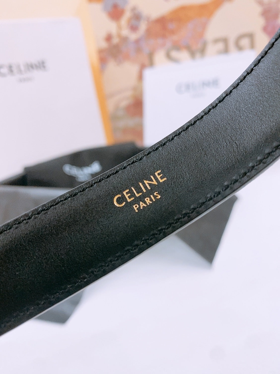 CELINE 25S TRIOMPHE BELT 25MM IN BLACK CALFSKIN DEBOSSED LOGO 570965 - 26 - 28