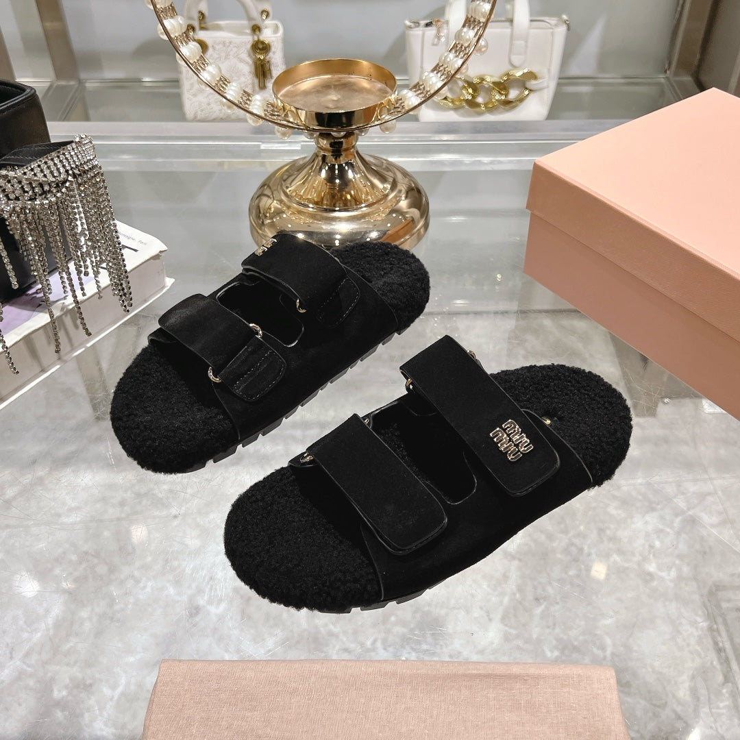 SANDAL SLIDES IN BLACK SUEDE AND SHEARLING LINING - 35