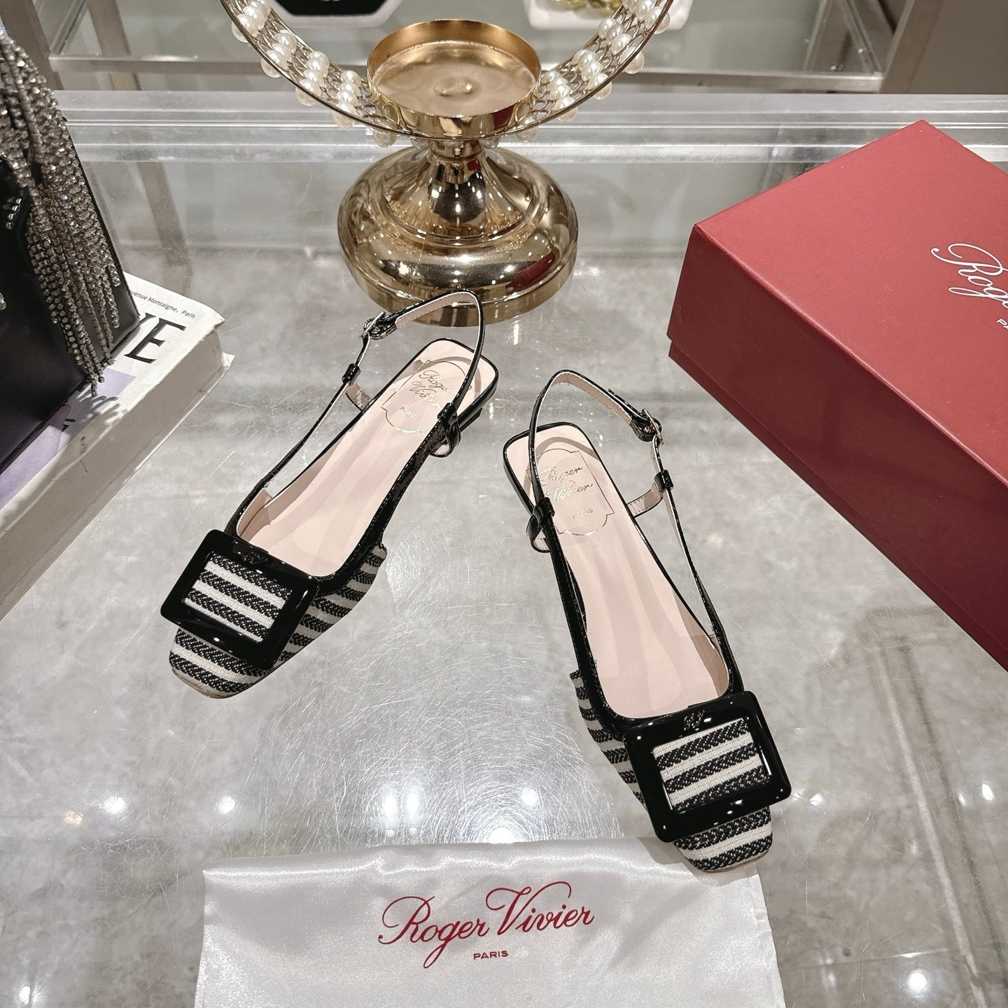 ROGER VIVIER 25S VIVIER SLINGBACK 25MM IN BLACK PLAID PATTERN CANVAS - 34