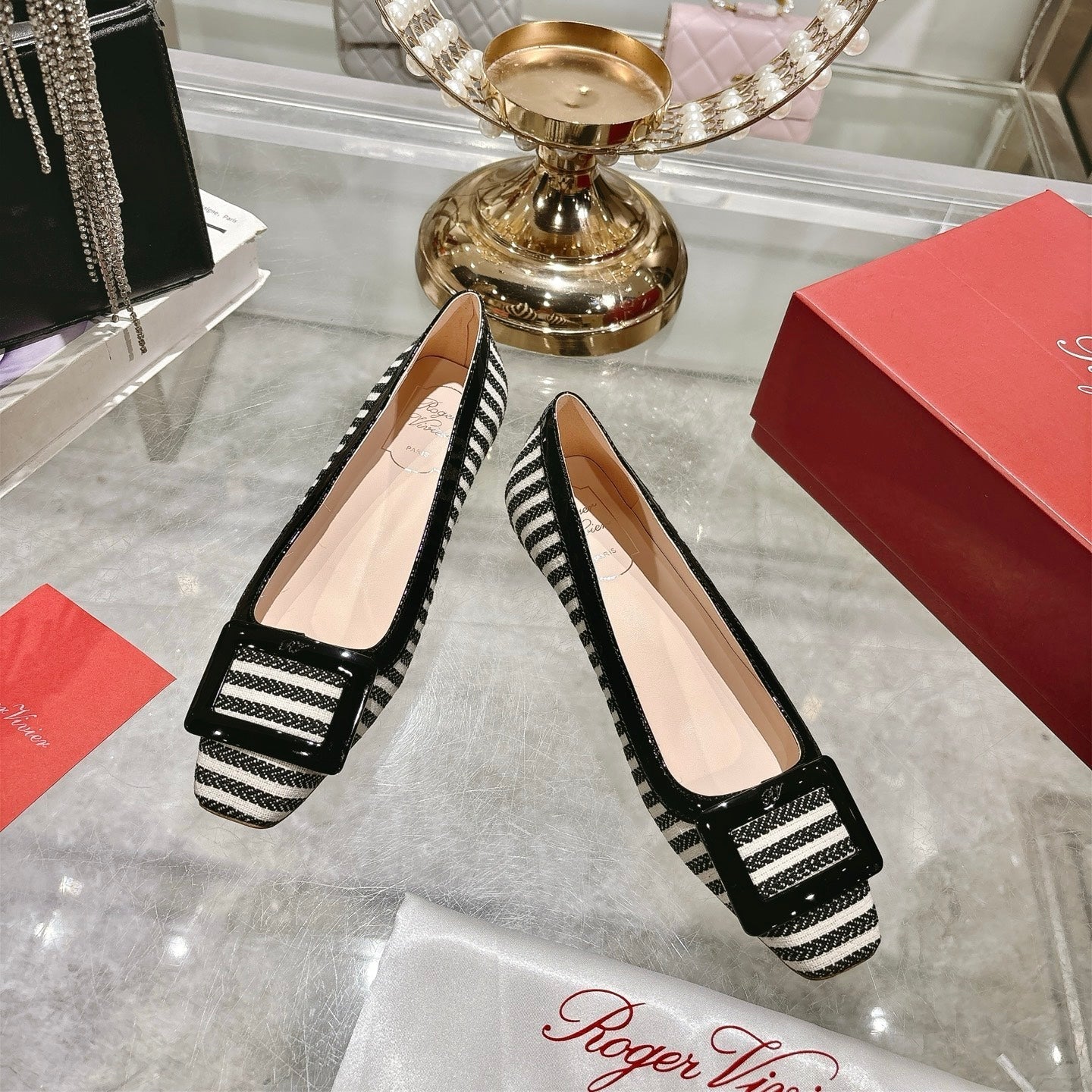 ROGER VIVIER 25S TROMPETTE BALLERINAS 25MM IN BLACK PLAID PATTERN CANVAS - 34