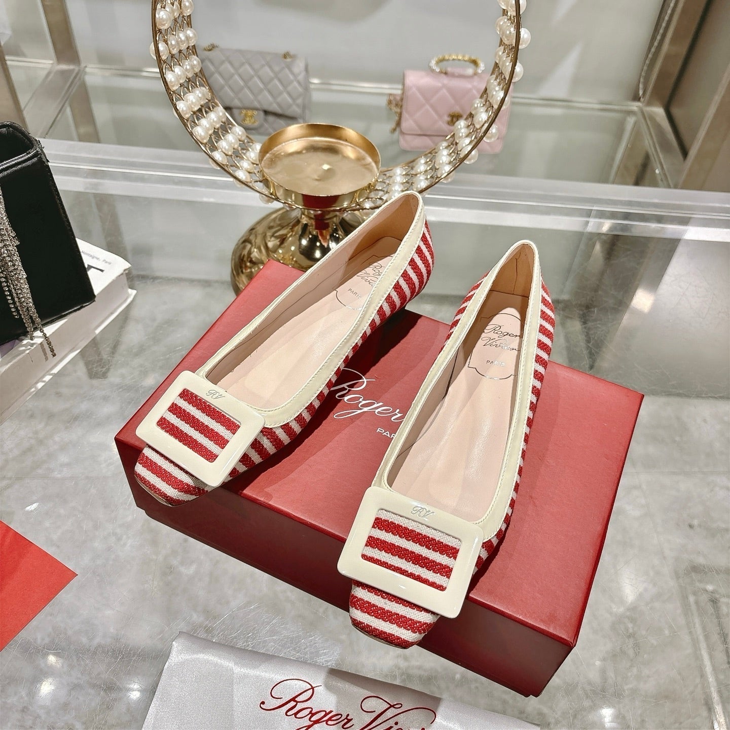 ROGER VIVIER 25S TROMPETTE BALLERINAS 25MM IN RED PLAID PATTERN CANVAS - 34