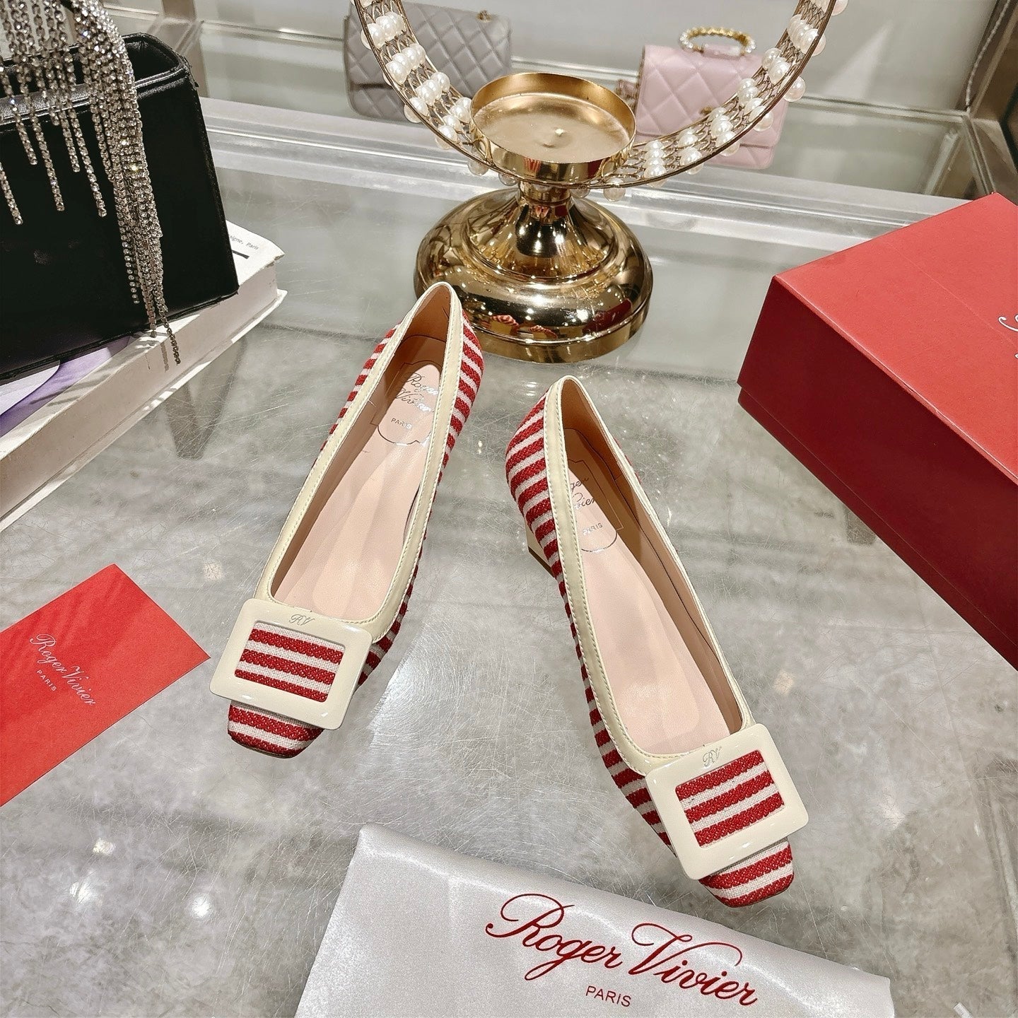 ROGER VIVIER 25S TROMPETTE BALLERINAS 45MM IN RED PLAID PATTERN CANVAS - 34