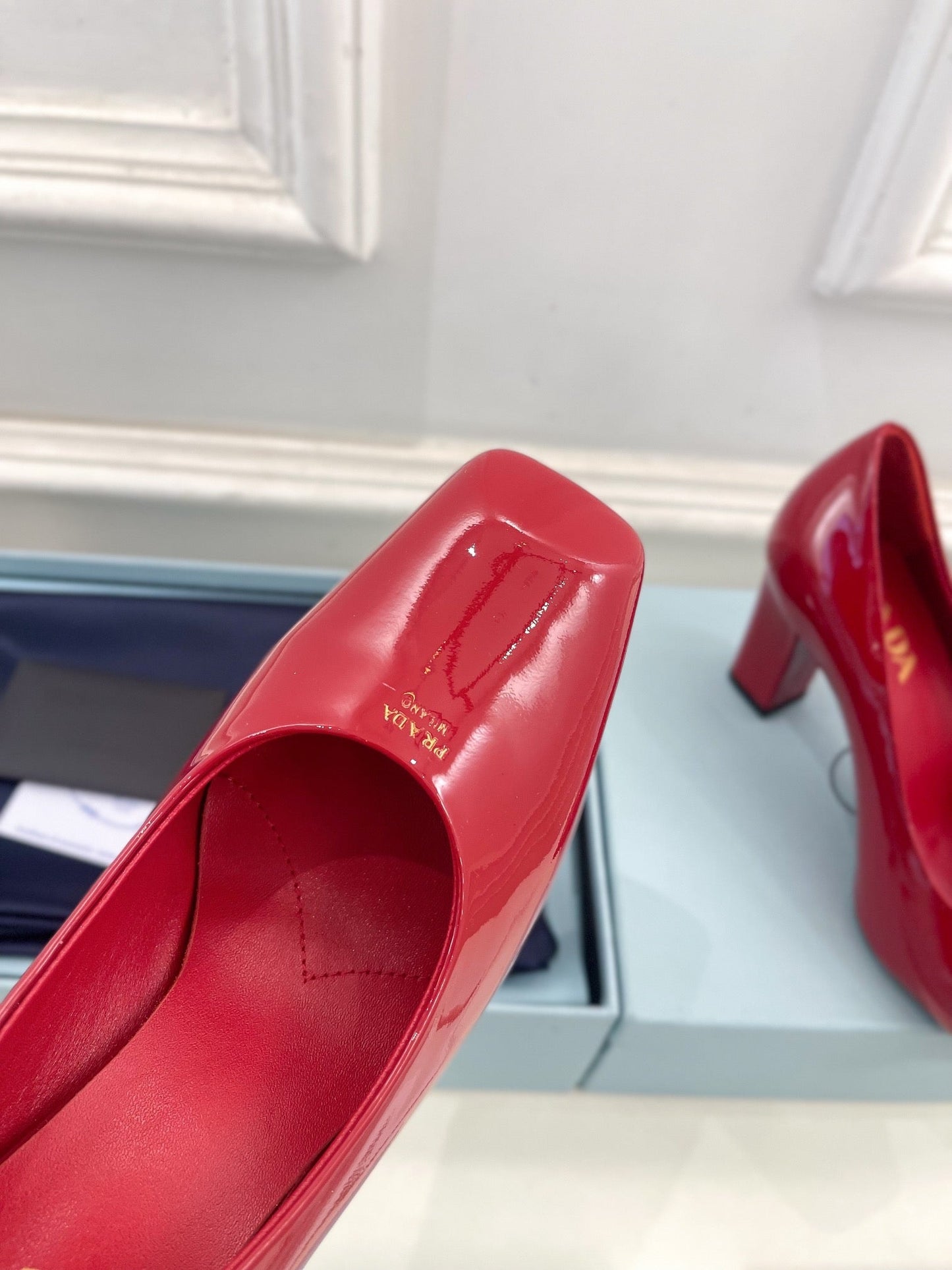 SQUARE TOE HIGH PUMPS IN CRIMSON RED GLOSSY CALFSKIN - 34