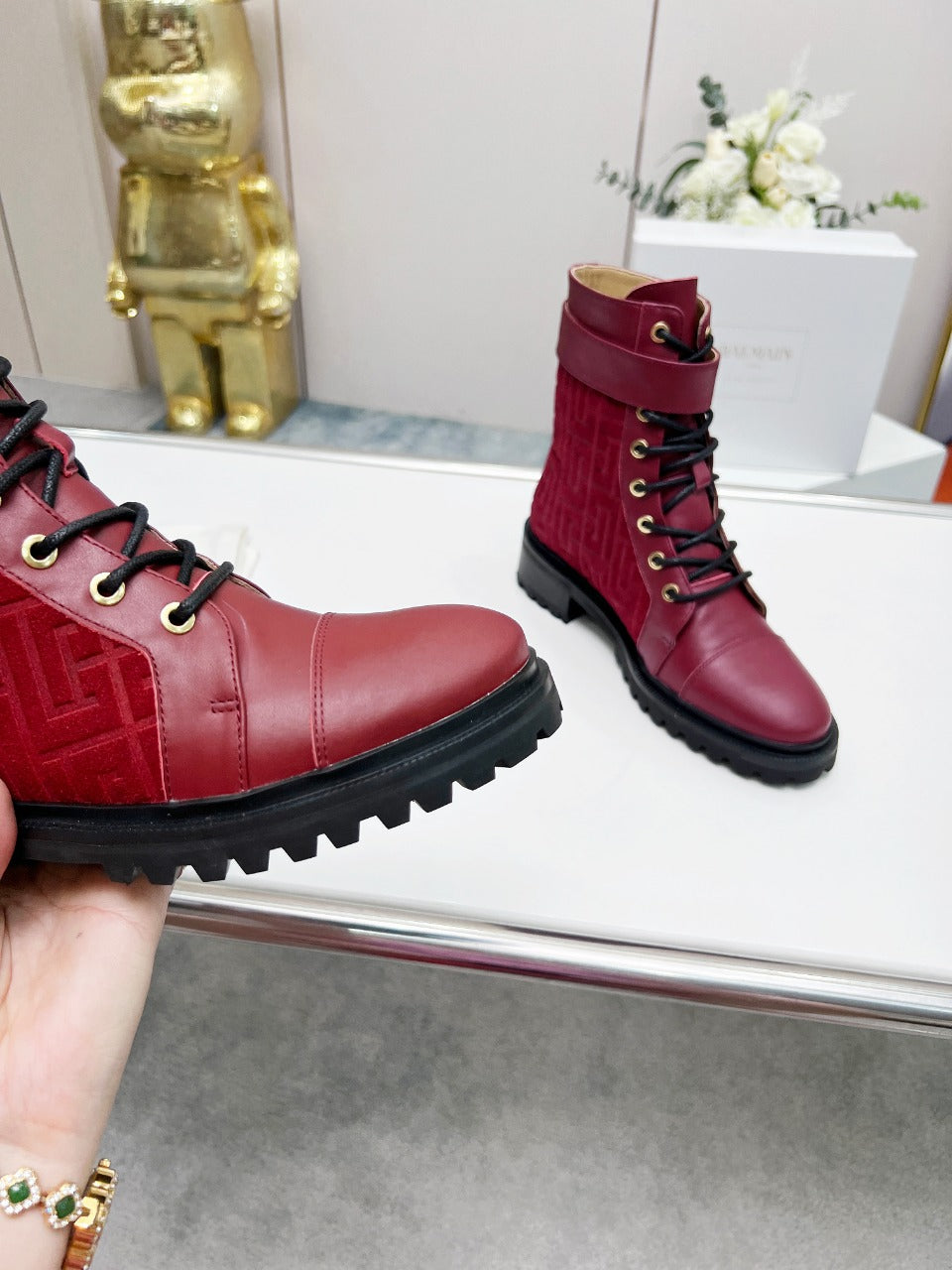 ЧОБОТИ BALMAIN 26S З ТЕМНО-ЧЕРВОНОЇ ТЕЛЯЧОЇ ШКІРИ ТА ЗАМШІ