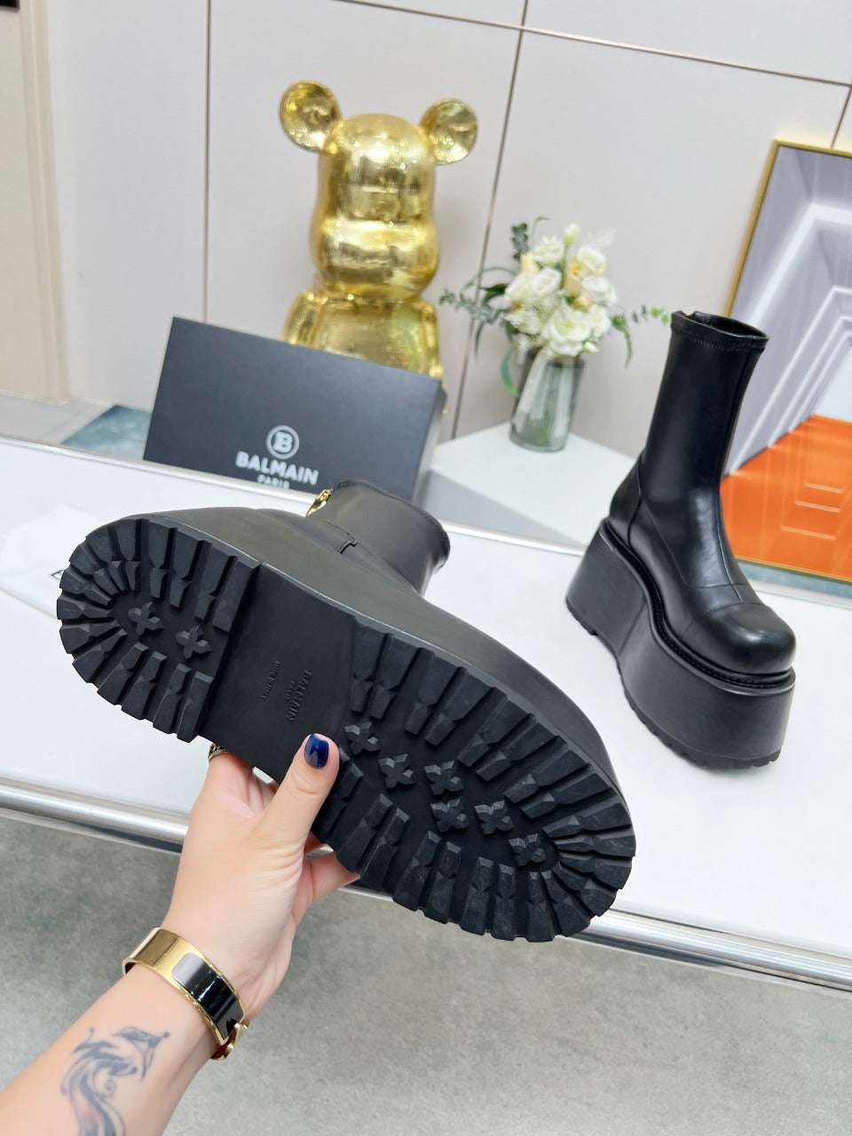 ЧЕРЕВИКИ BALMAIN 26S НА ПЛАТФОРМІ, 100 ММ, З ЧОРНОЇ ТЕЛЯЧОЇ ШКІРИ