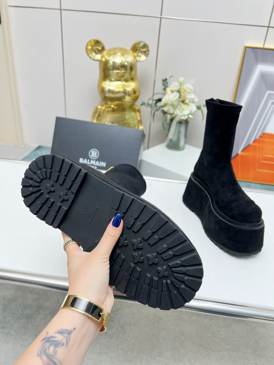 ЧОБОТИ-ПЛАТФОРМИ BALMAIN 26S 100 ММ ІЗ ЧОРНОЇ ЗАМШІ
