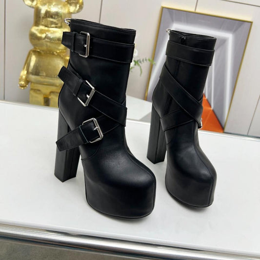 SL ANKLE BUCKLE BOOT PLATFORM BLACK SMOOTH CALFSKIN - 35