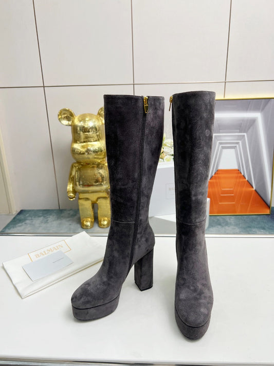 ВИСОКІ ЧОБОТИ BALMAIN 26S, 115 ММ, ІЗ ТЕМНО-СІРОЇ ЗАМШІ
