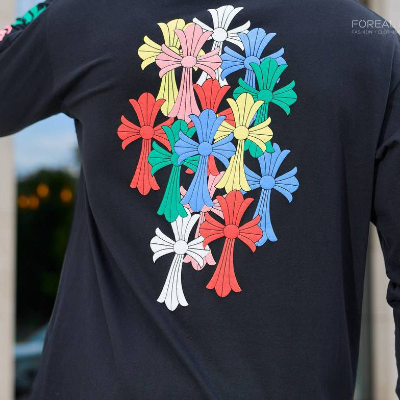 Chrome Hearts Black Multicolor Cross Long-Sleeve T-Shirt with Gothic Sleeve Logo