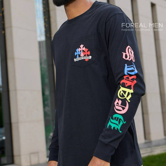 Chrome Hearts Black Multicolor Cross Long-Sleeve T-Shirt with Gothic Sleeve Logo