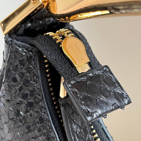 Tom Ford Black Python-Embossed Leather Bianca Mini Hobo Bag with Metal Top Handle & Chain