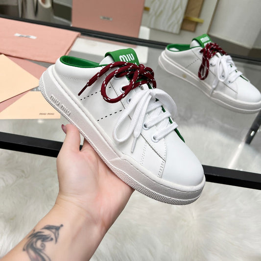 SNEAKER MULES IN WHITE MIX GREEN CALFSKIN WHITE RED LACES - 35