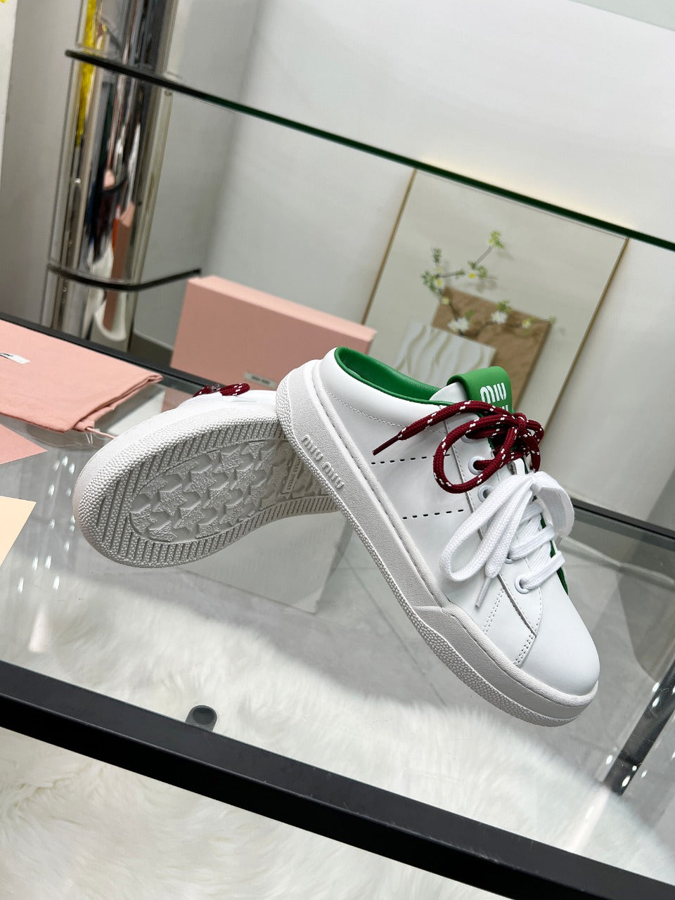SNEAKER MULES IN WHITE MIX GREEN CALFSKIN WHITE RED LACES - 35