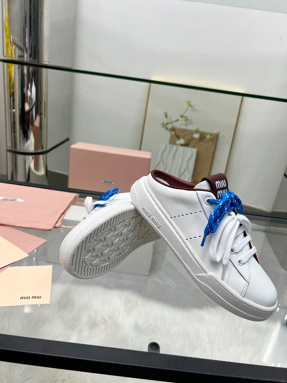 SNEAKER MULES IN WHITE CALFSKIN WHITE BLUE LACES - 35