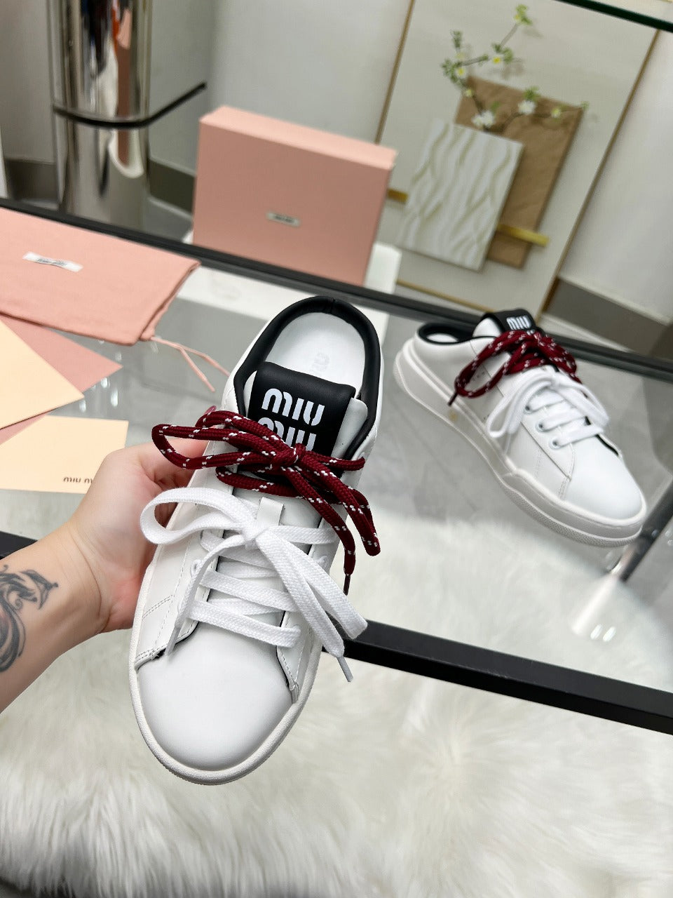 SNEAKER MULES IN BLACK AND WHITE CALFSKIN WHITE RED LACES - 35
