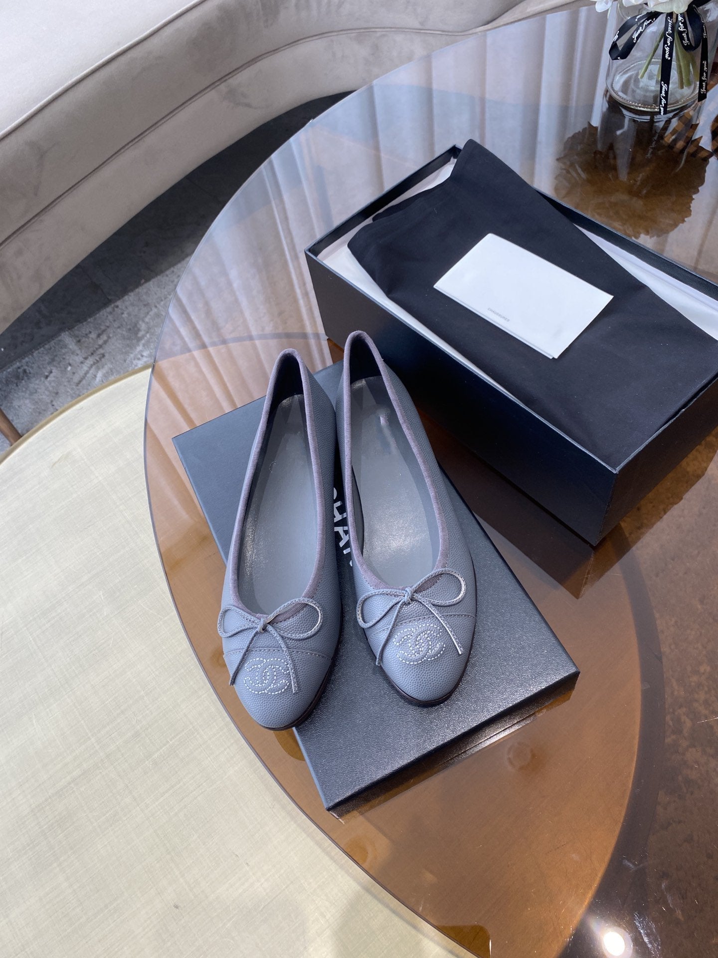 BALLET FLATS GREY GRAINED CALFSKIN - 35