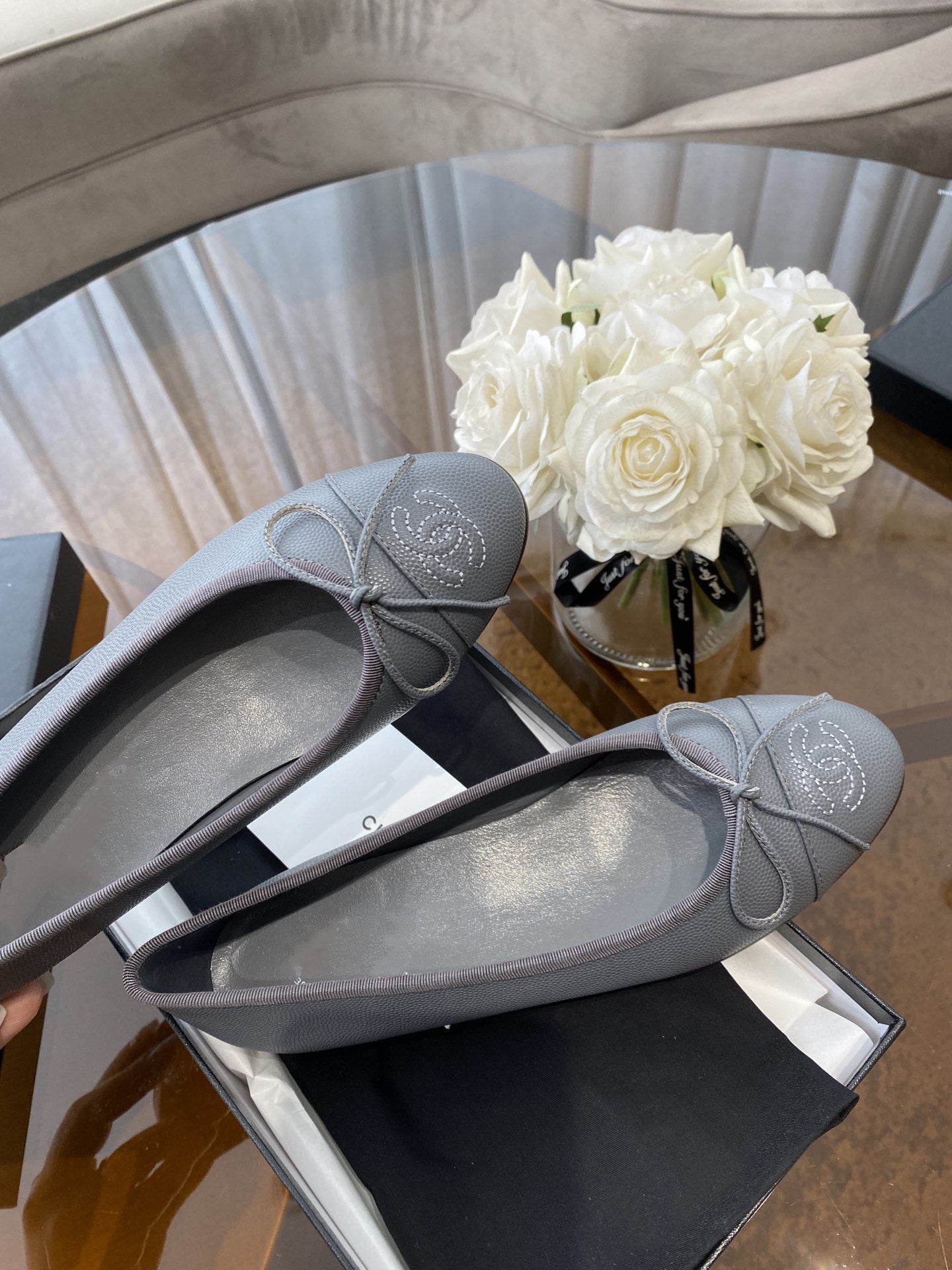 BALLET FLATS GREY GRAINED CALFSKIN - 35
