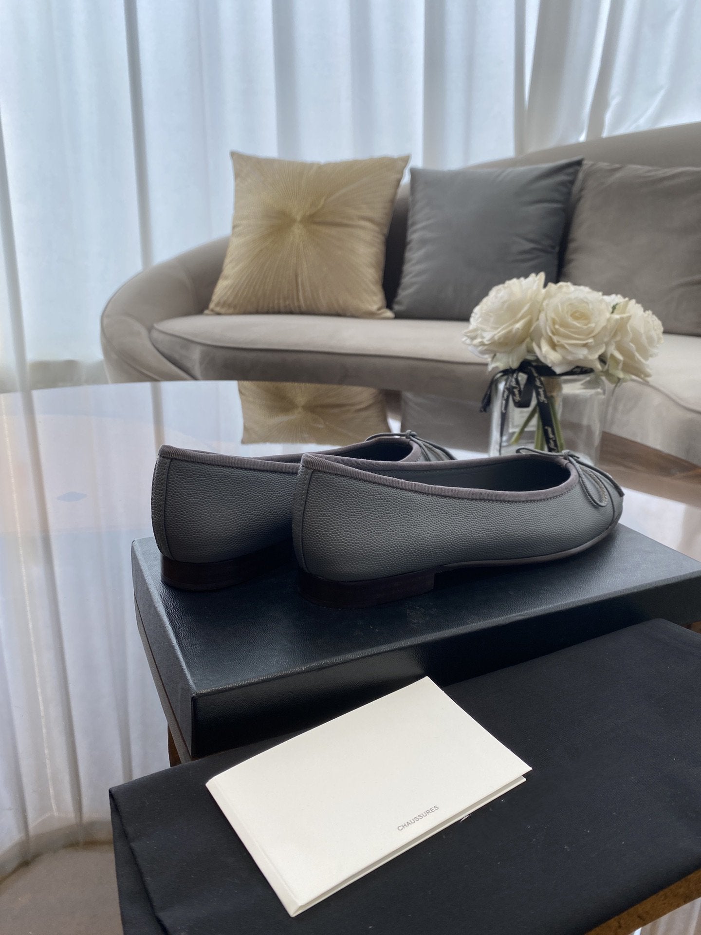 BALLET FLATS GREY GRAINED CALFSKIN - 35