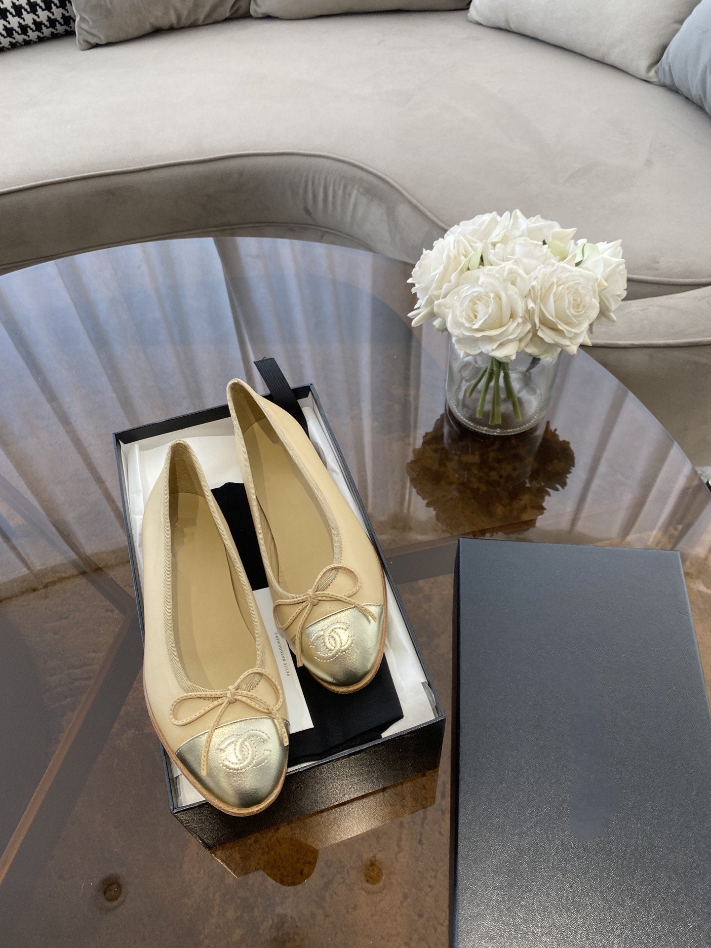 BALLET FLATS BEIGE SILVER LAMBSKIN CANVAS - 35
