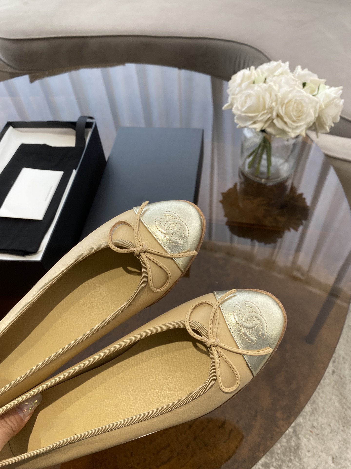 BALLET FLATS BEIGE SILVER LAMBSKIN CANVAS - 35