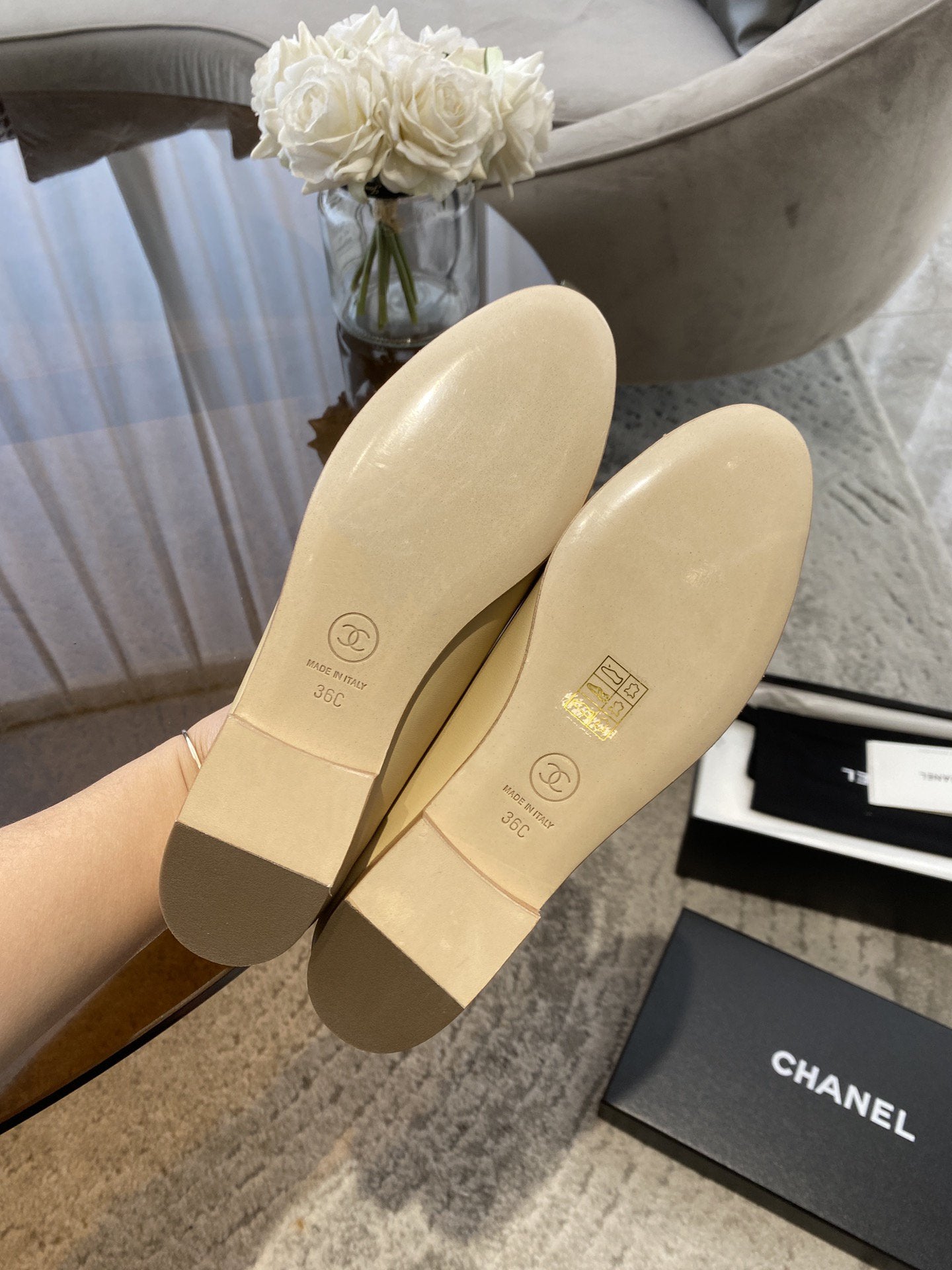 BALLET FLATS BEIGE SILVER LAMBSKIN CANVAS - 35