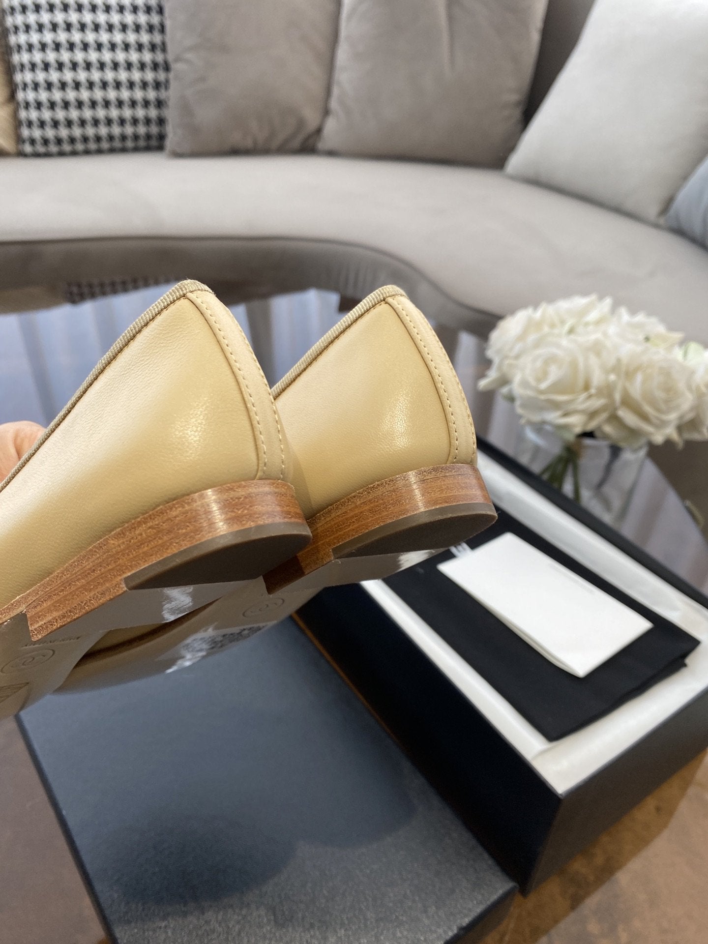BALLET FLATS BEIGE SILVER LAMBSKIN CANVAS - 35
