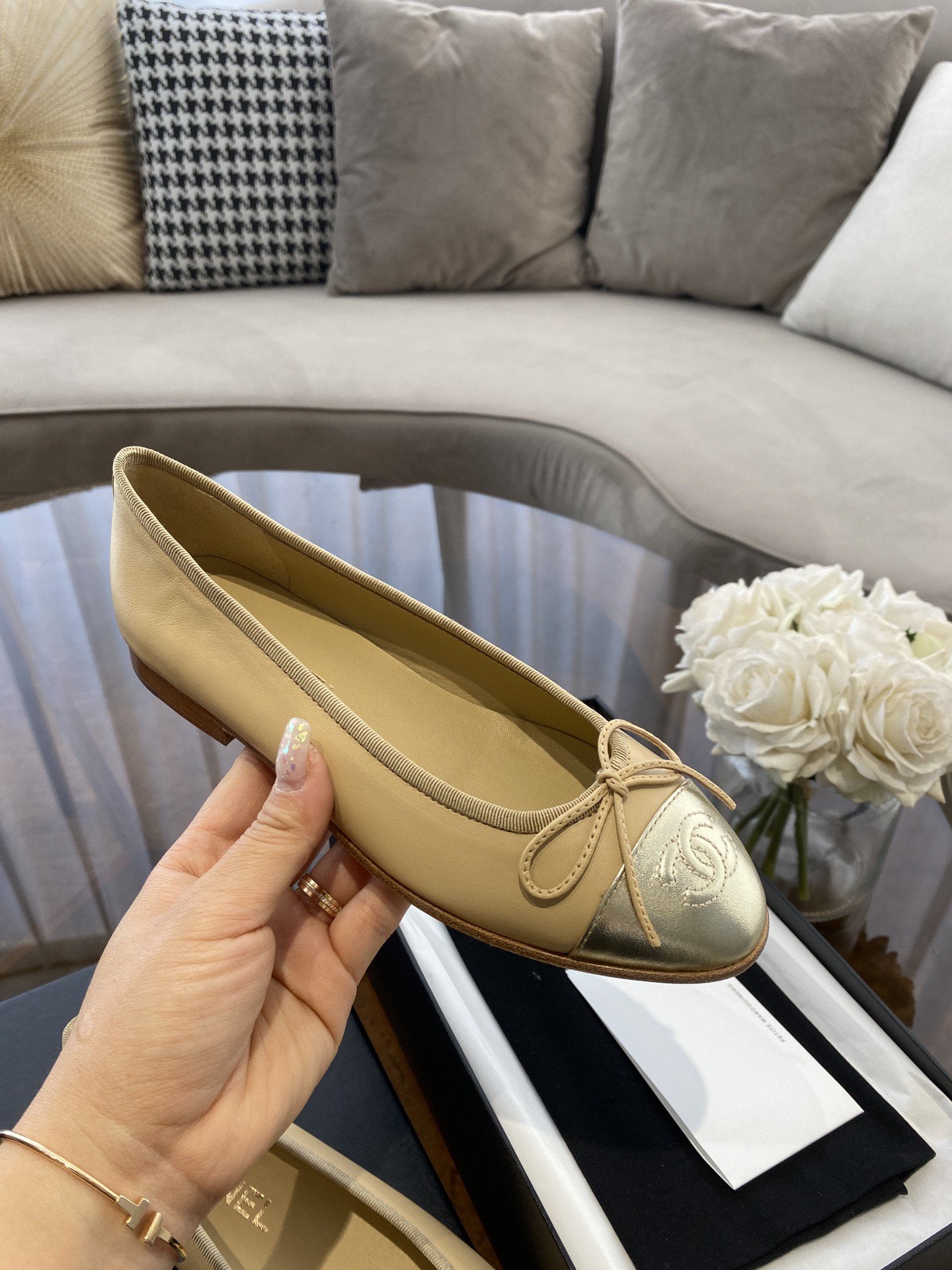 BALLET FLATS BEIGE SILVER LAMBSKIN CANVAS - 35