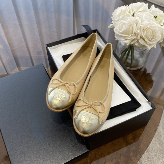 BALLET FLATS BEIGE SILVER LAMBSKIN CANVAS - 35