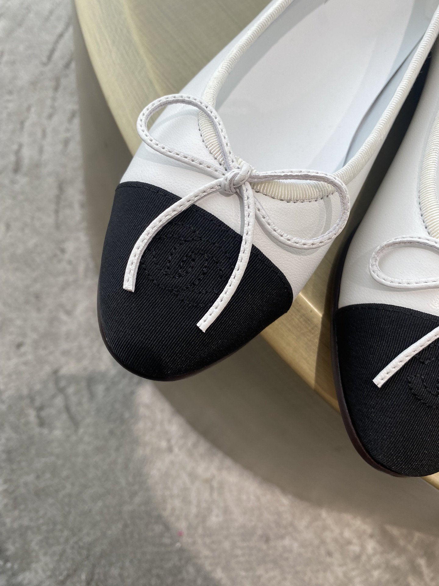 BALLET FLATS WHITE BLACK LAMBSKIN CANVAS - 35
