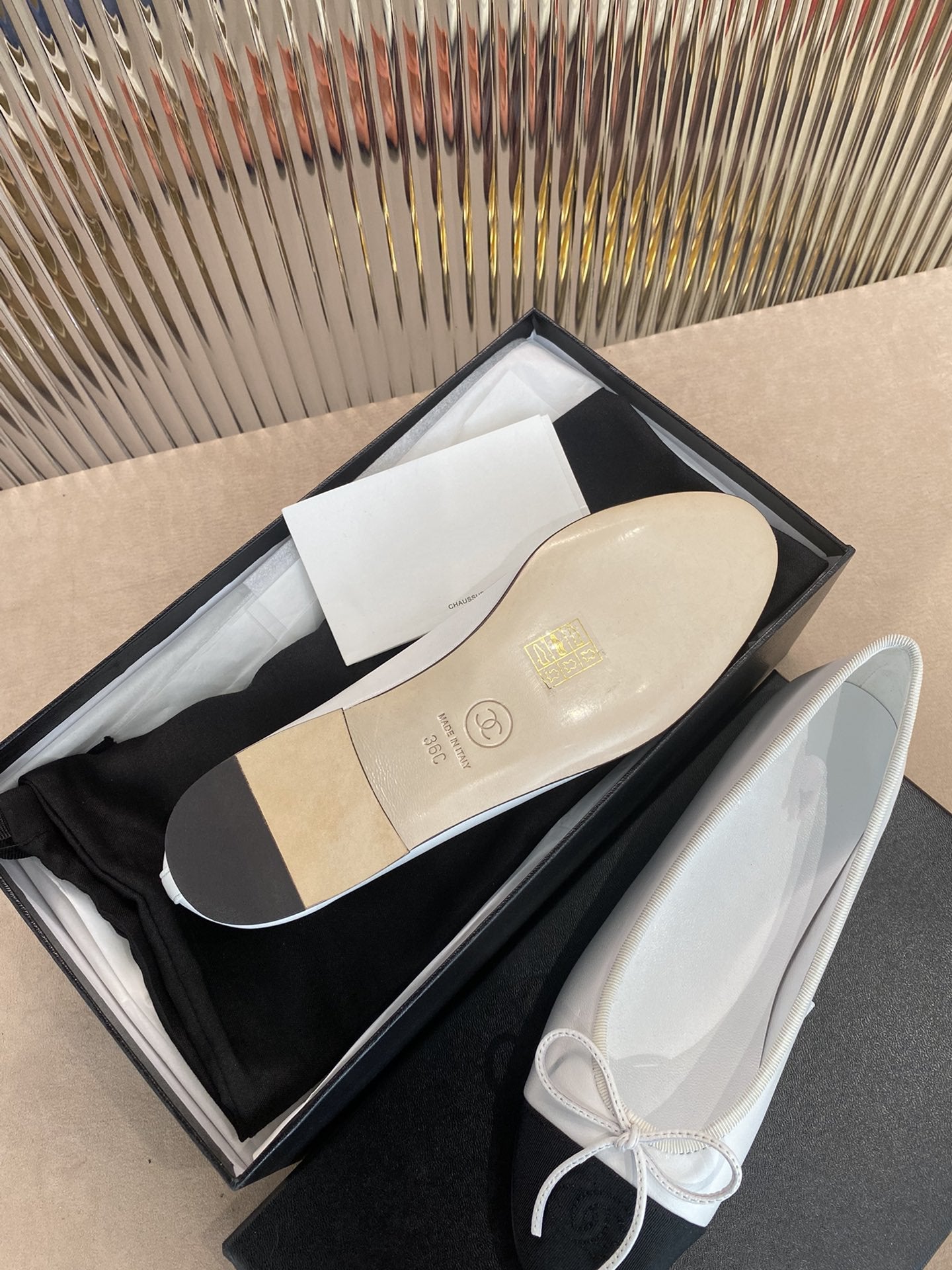BALLET FLATS WHITE BLACK LAMBSKIN CANVAS - 35