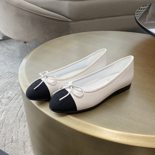 BALLET FLATS WHITE BLACK LAMBSKIN CANVAS - 35