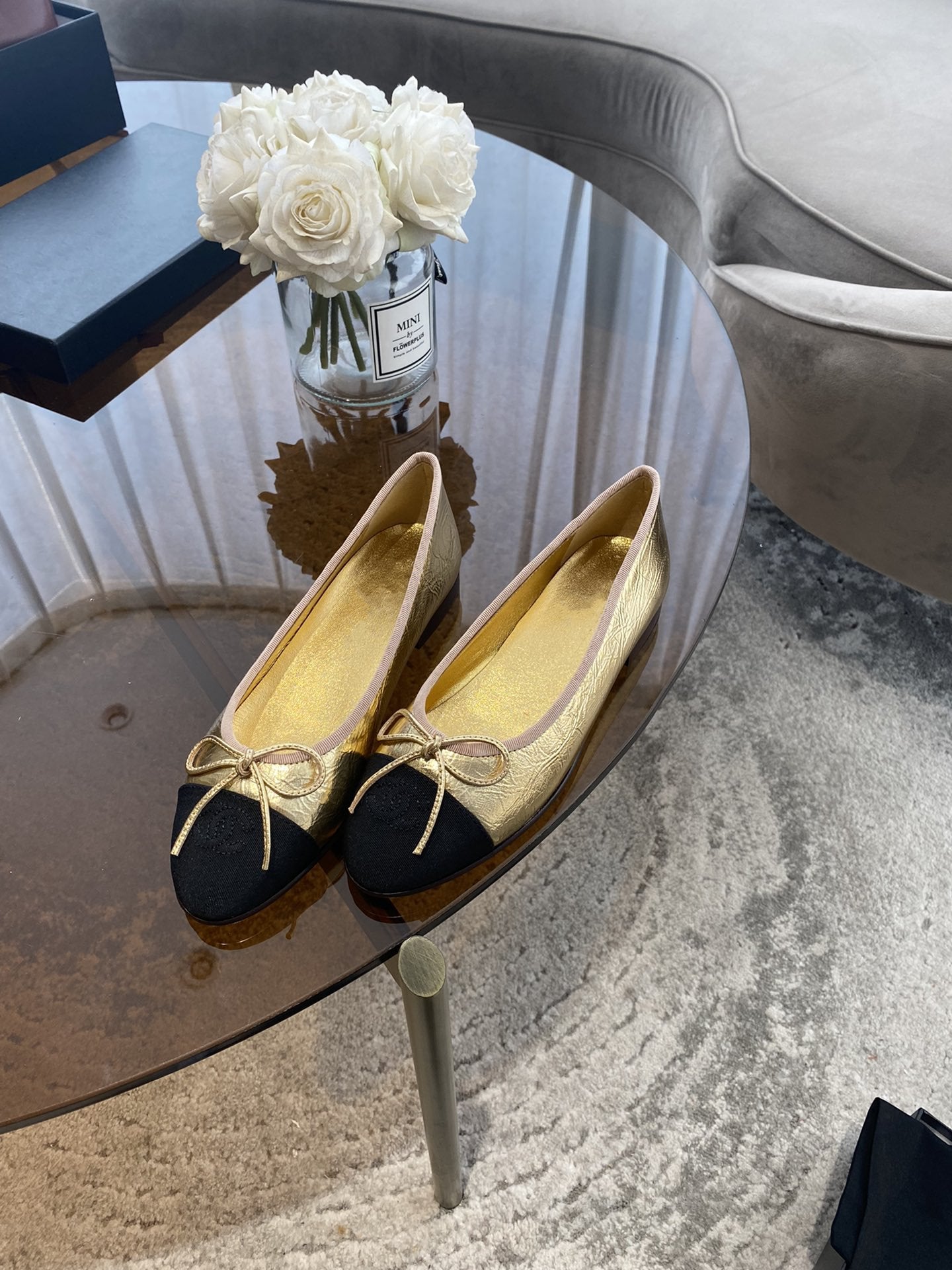 BALLET FLATS GOLD BLACK LAMBSKIN CANVAS - 35