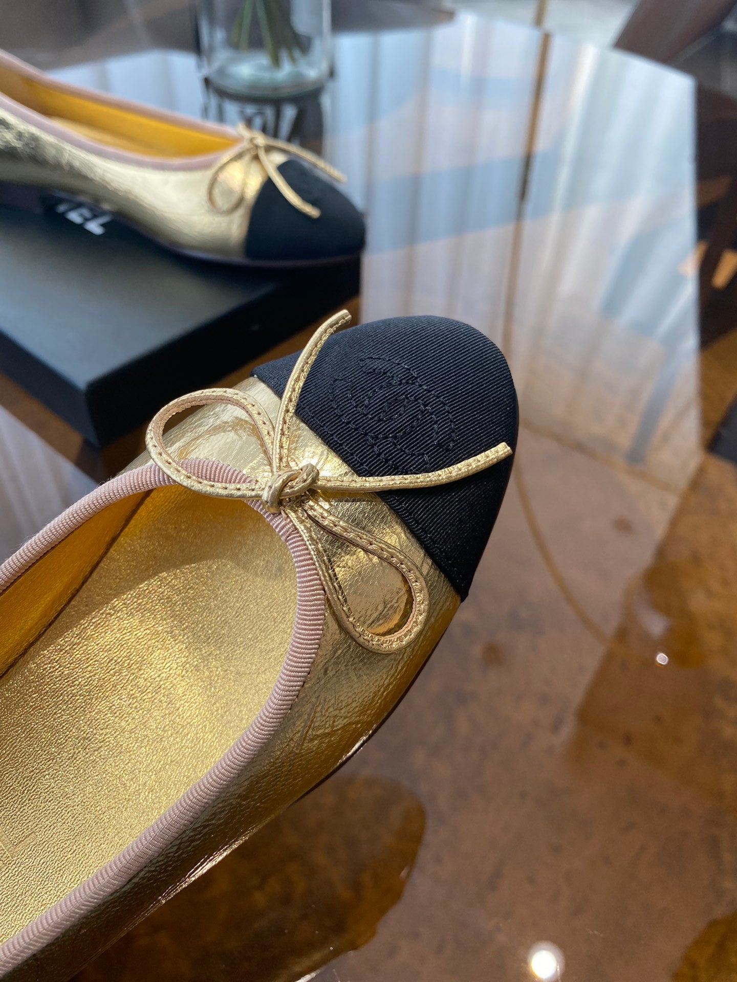 BALLET FLATS GOLD BLACK LAMBSKIN CANVAS - 35