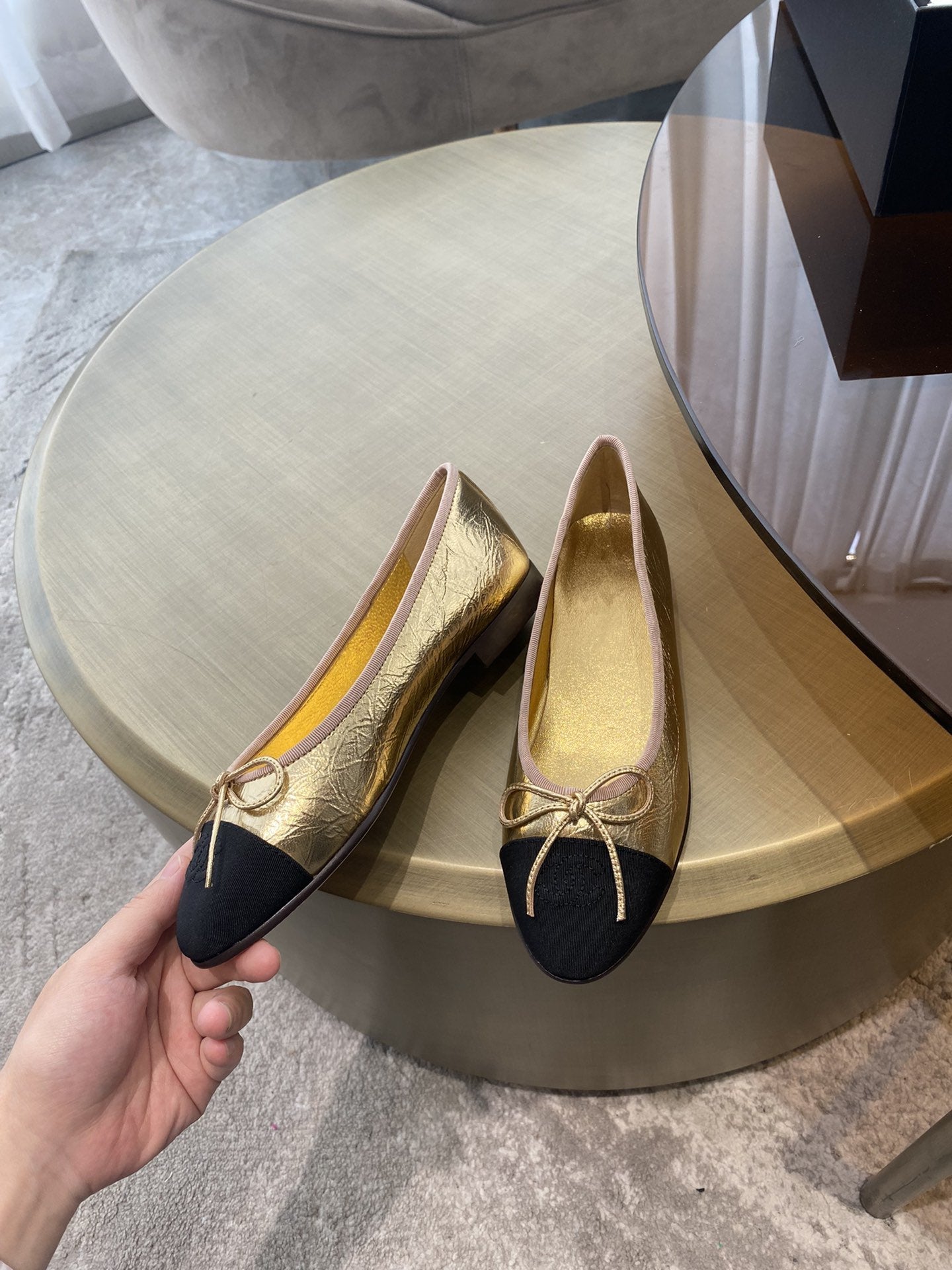 BALLET FLATS GOLD BLACK LAMBSKIN CANVAS - 35