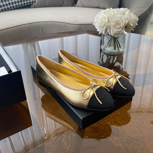 BALLET FLATS GOLD BLACK LAMBSKIN CANVAS - 35