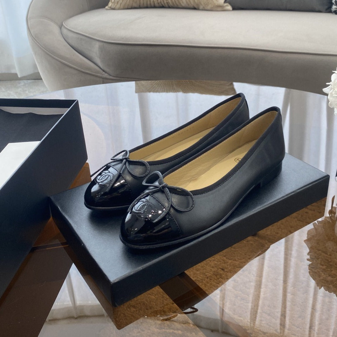 BALLET FLATS BLACK BEIGE LAMBSKIN - 35