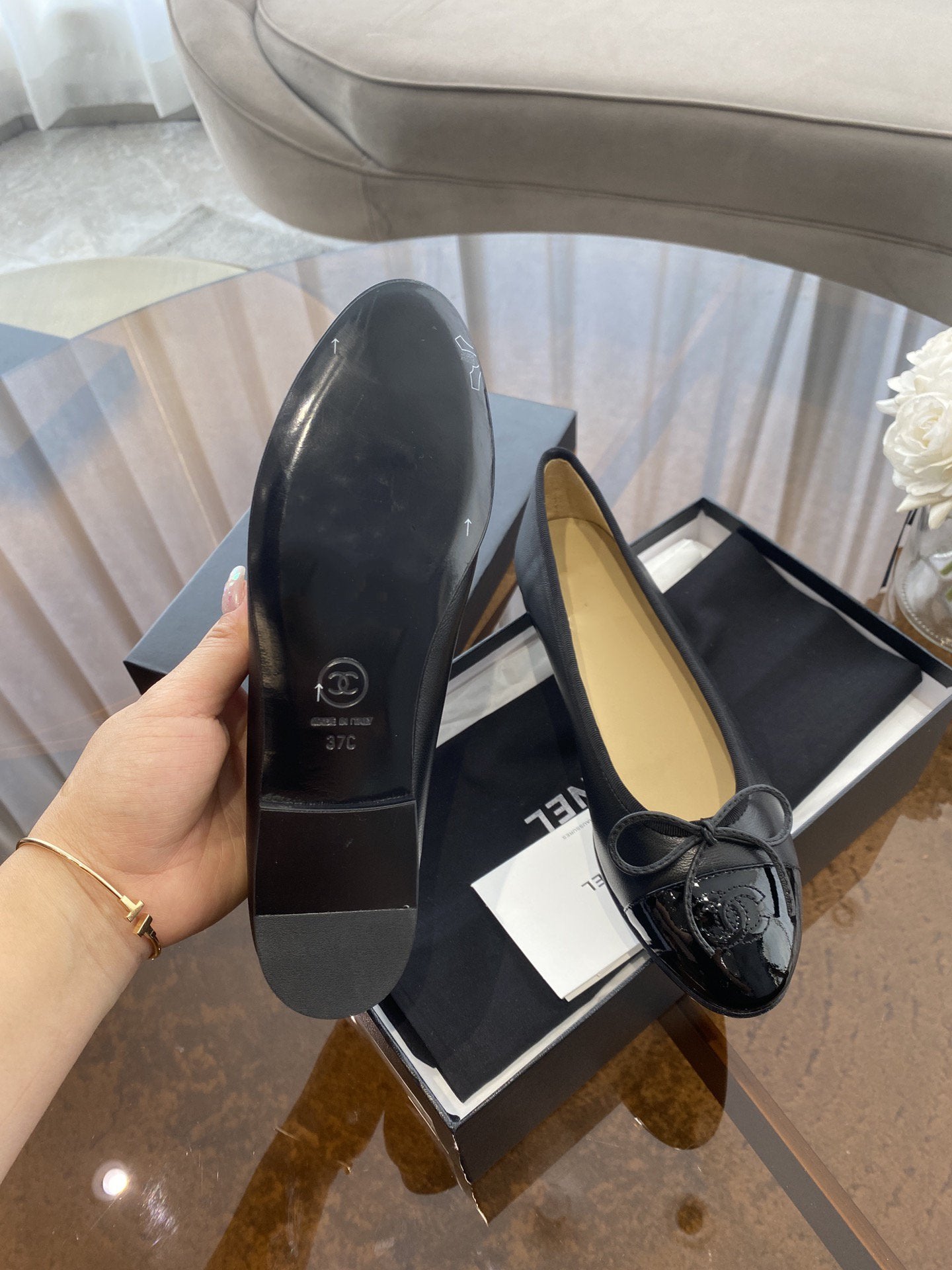 BALLET FLATS BLACK BEIGE LAMBSKIN - 35