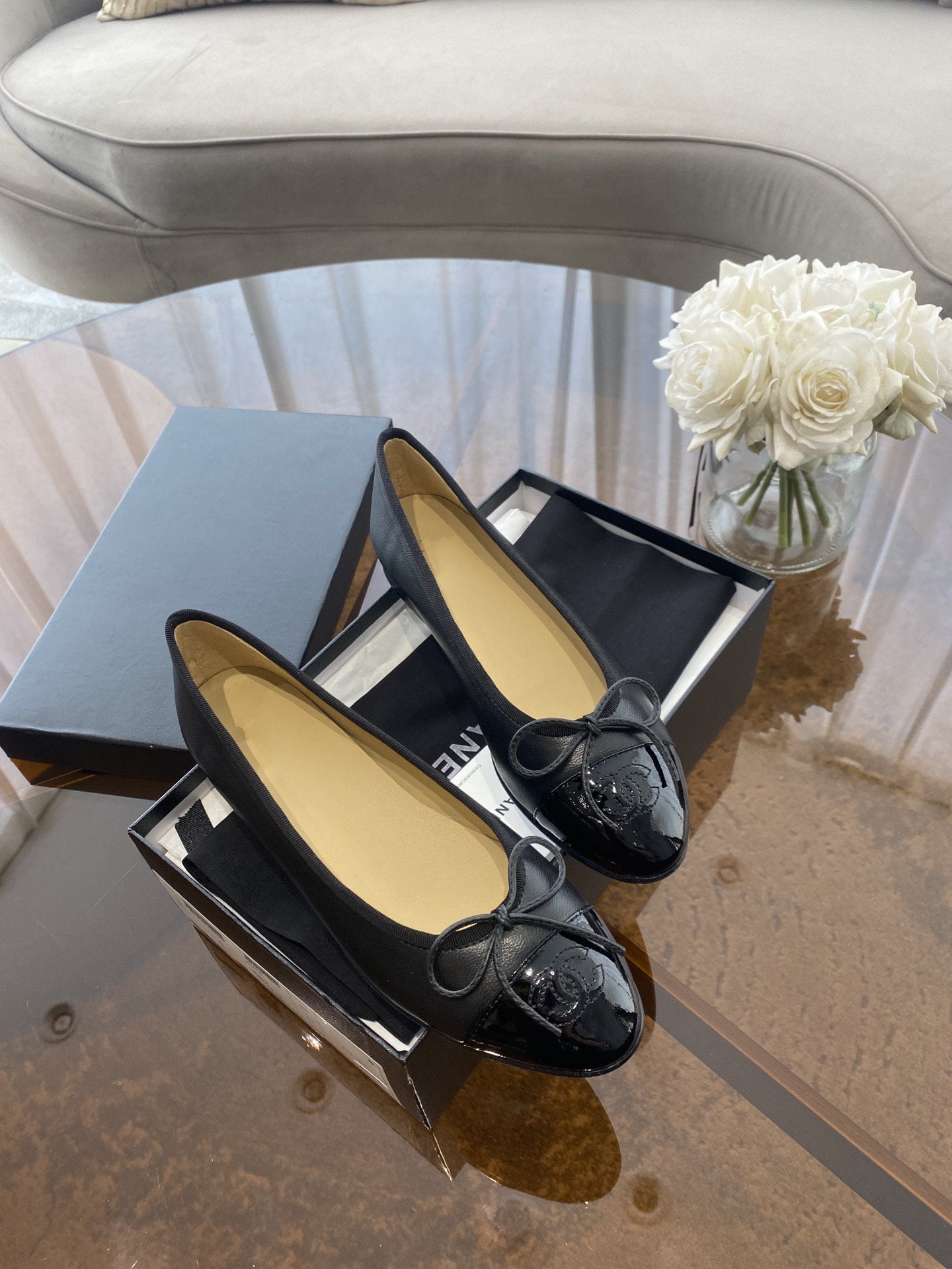 BALLET FLATS BLACK BEIGE LAMBSKIN - 35