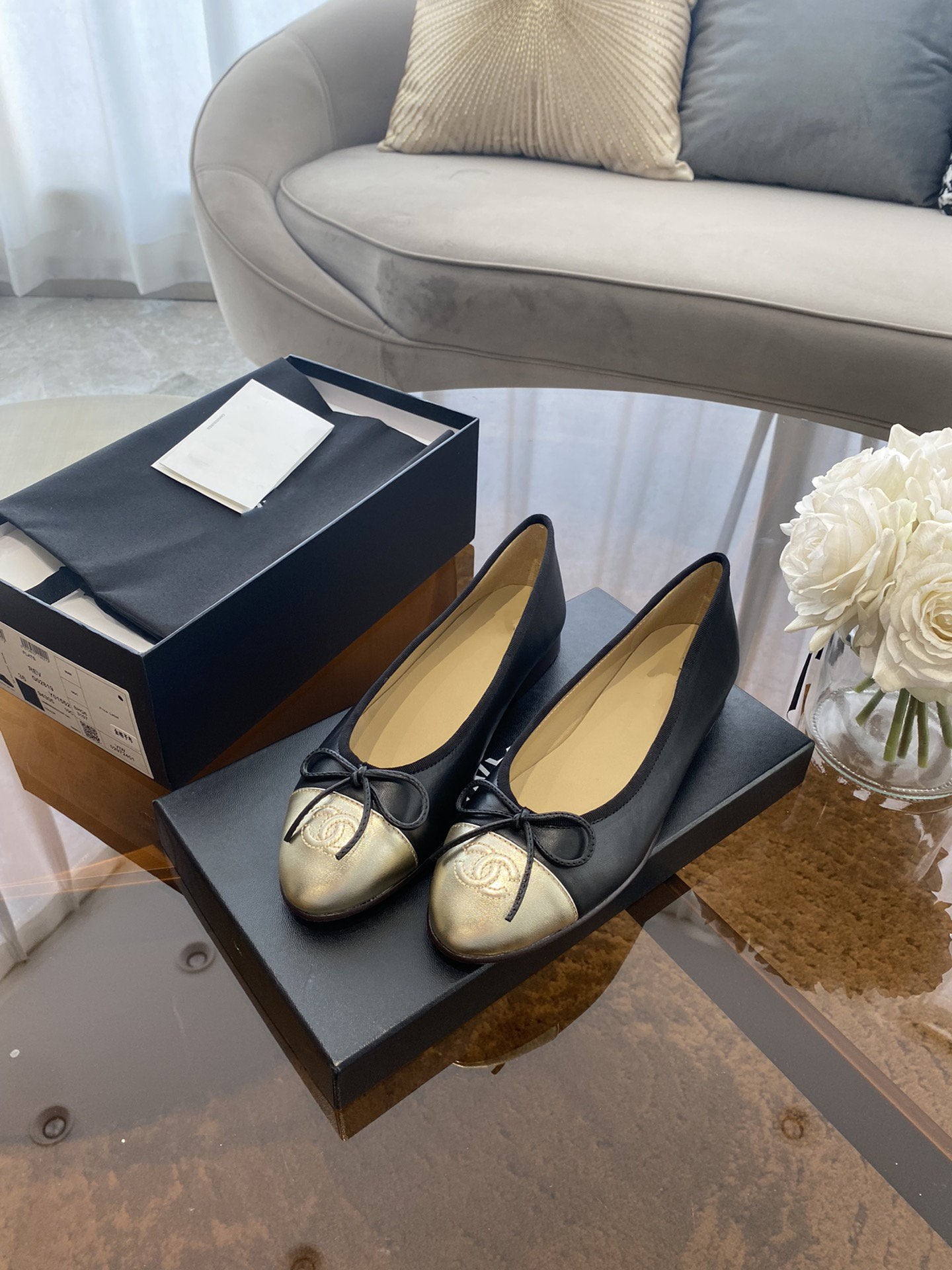 BALLET FLATS BLACK LIGHT GOLD LAMBSKIN - 35